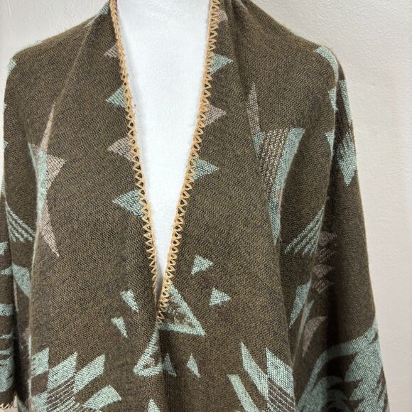 Aztec Shawl Wrap Poncho OSFM Brown Taupe Boho Southwestern Festival Cozy - Picture 2 of 4